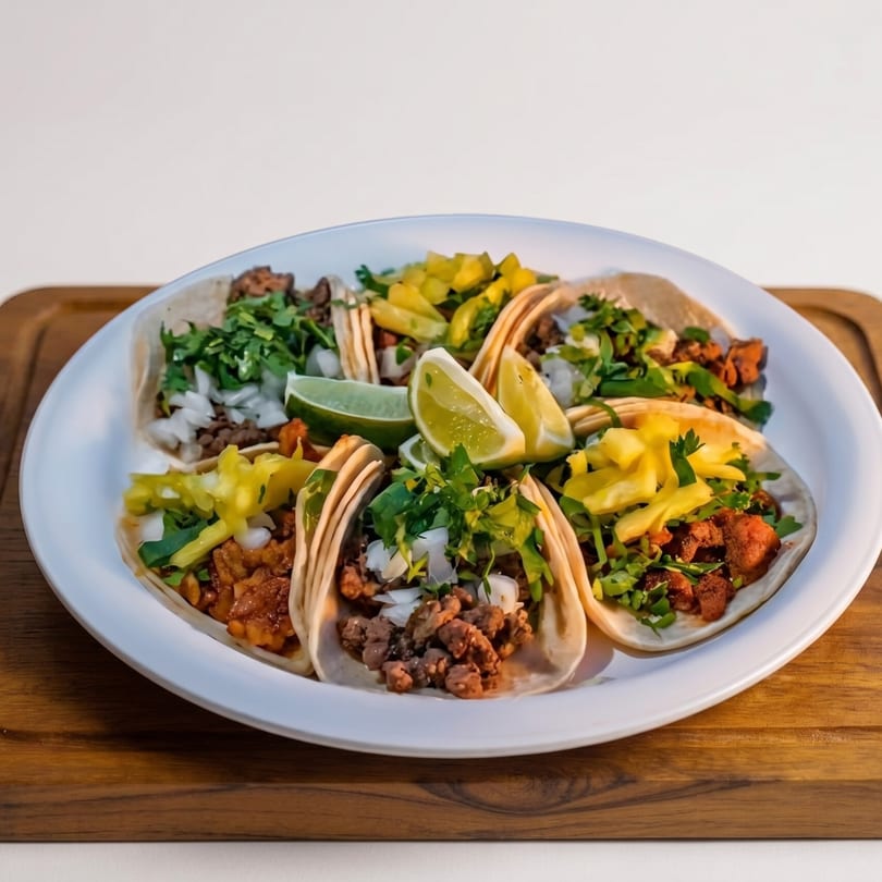 A white plate holds six street tacos with various fillings, cilantro, onions, and lime wedges.