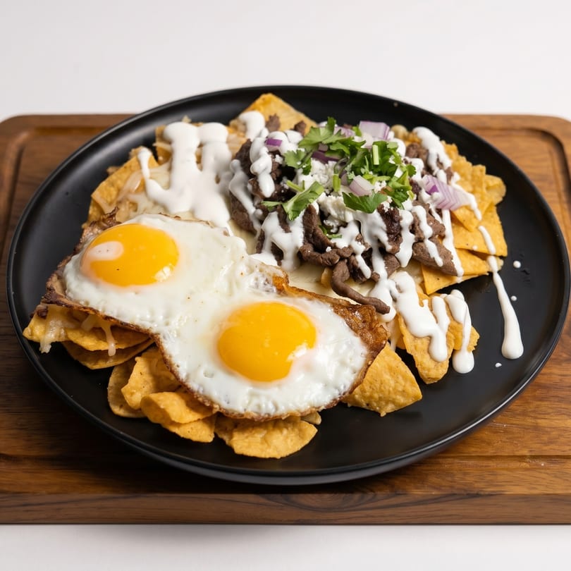 Nachos topped with two fried eggs, steak, cilantro, red onions, and a creamy white sauce.
