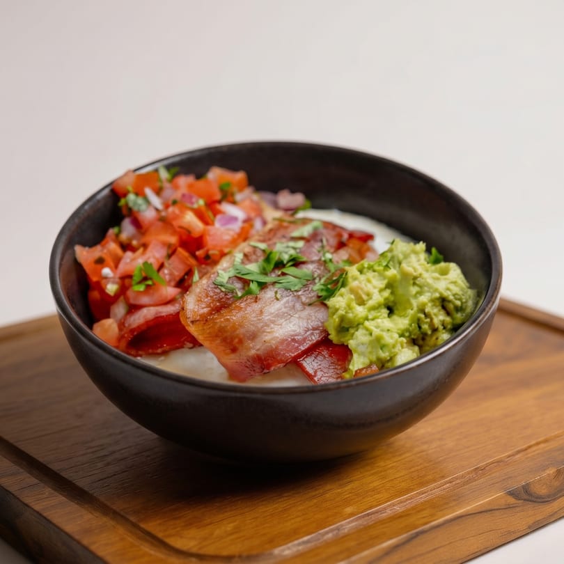 A black bowl of grits topped with bacon, pico de gallo, and guacamole on a wooden board.